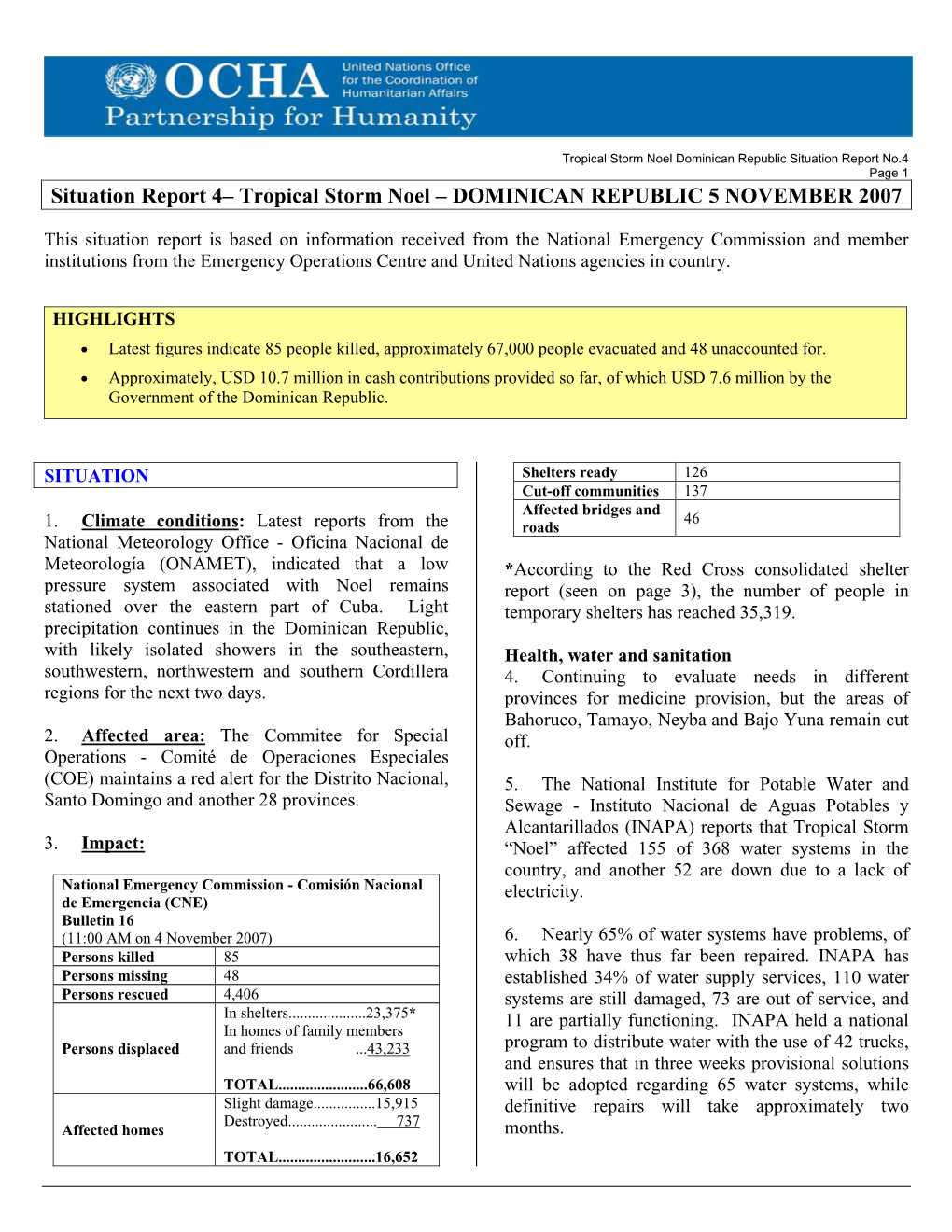 Situation Report 4– Tropical Storm Noel – DOMINICAN REPUBLIC 5 NOVEMBER 2007