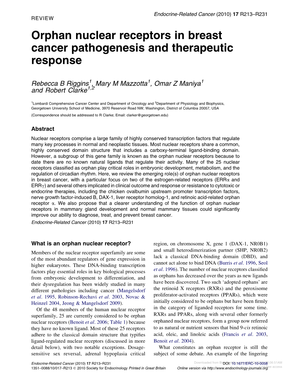 Orphan Nuclear Receptors in Breast Cancer Pathogenesis and Therapeutic Response