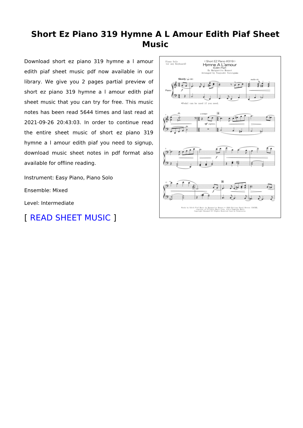 Short Ez Piano 319 Hymne a L Amour Edith Piaf Sheet Music