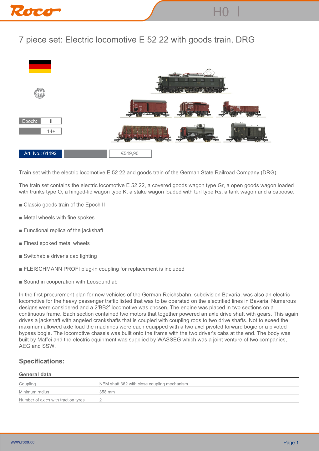 7 Piece Set: Electric Locomotive E 52 22 with Goods Train, DRG