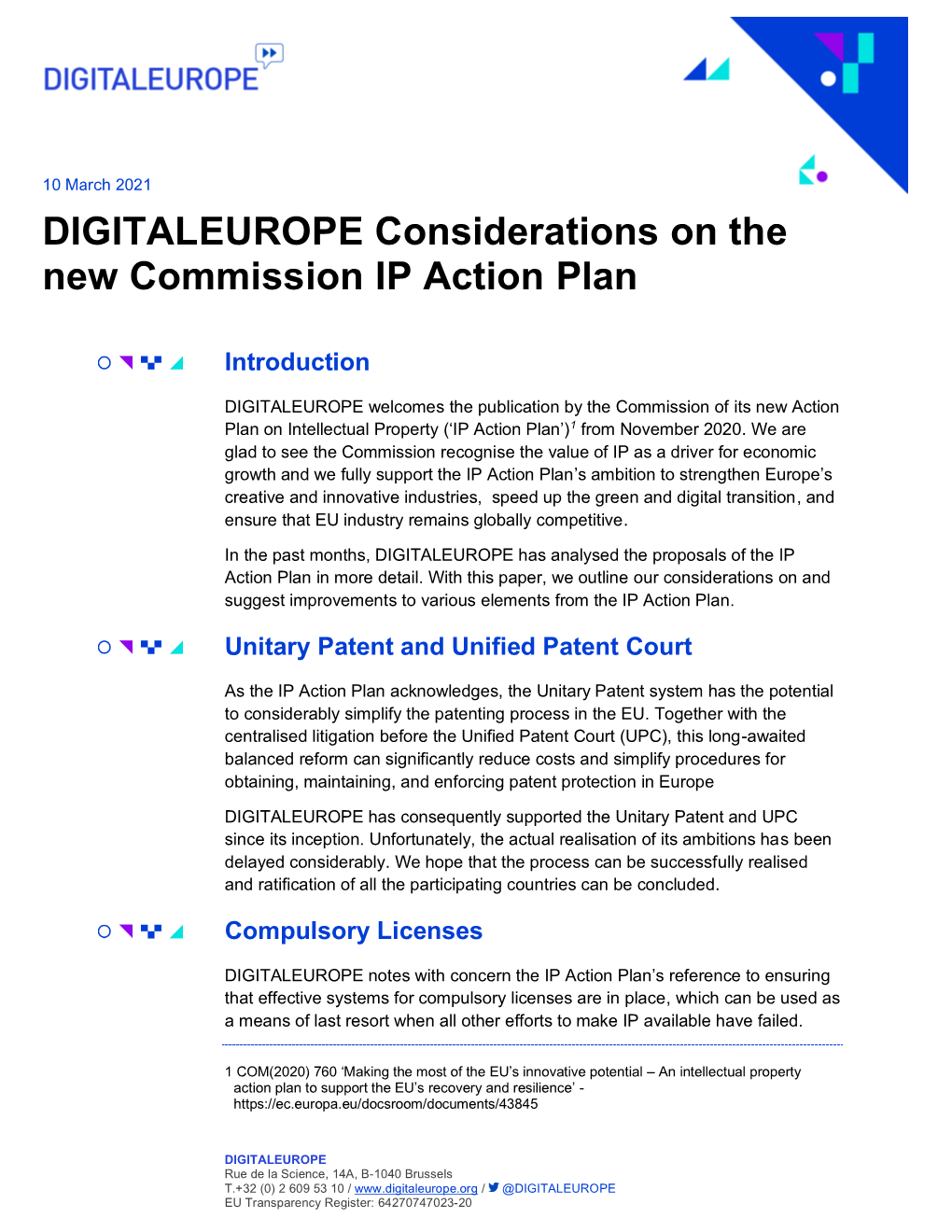 DIGITALEUROPE Considerations on the New Commission IP Action Plan