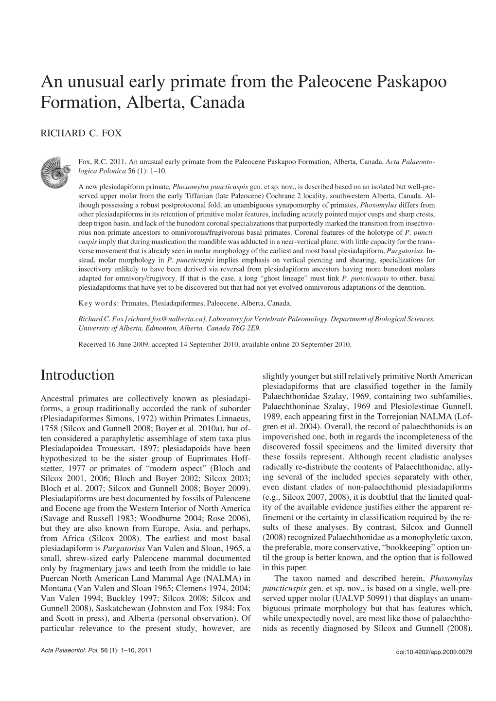 An Unusual Early Primate from the Paleocene Paskapoo Formation, Alberta, Canada