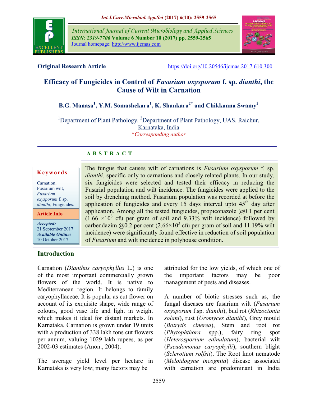 Efficacy of Fungicides in Control of Fusarium Oxysporum F. Sp. Dianthi, the Cause of Wilt in Carnation