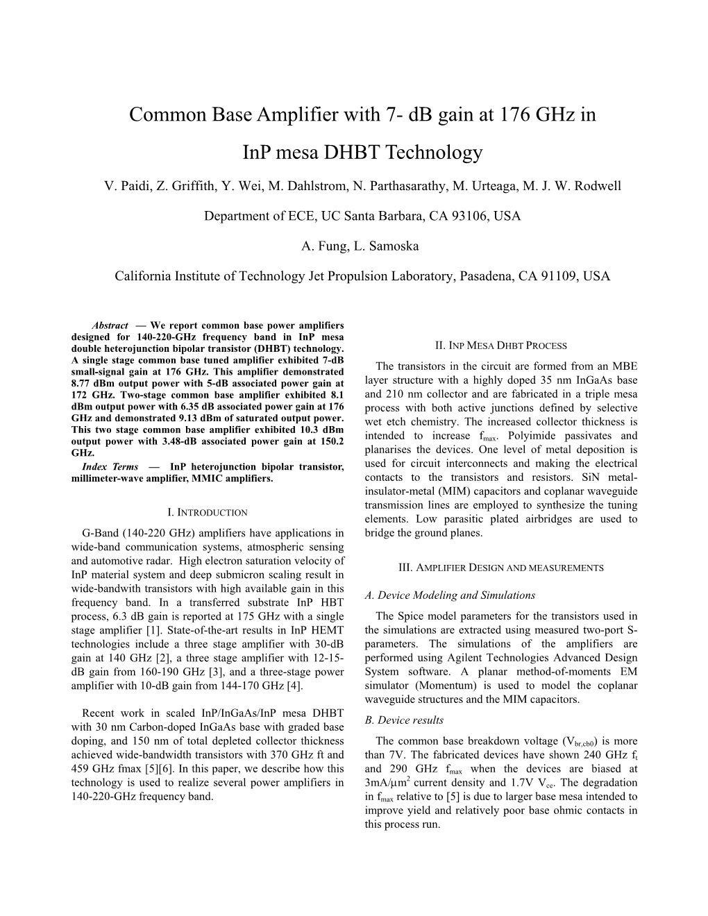 Common Base Amplifier with 7- Db Gain at 176 Ghz in Inp Mesa DHBT Technology