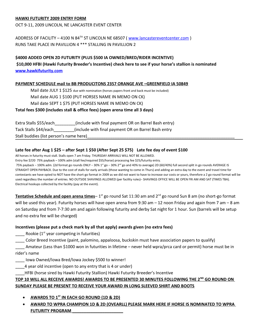 Hawki Futurity 2009 Entry Form