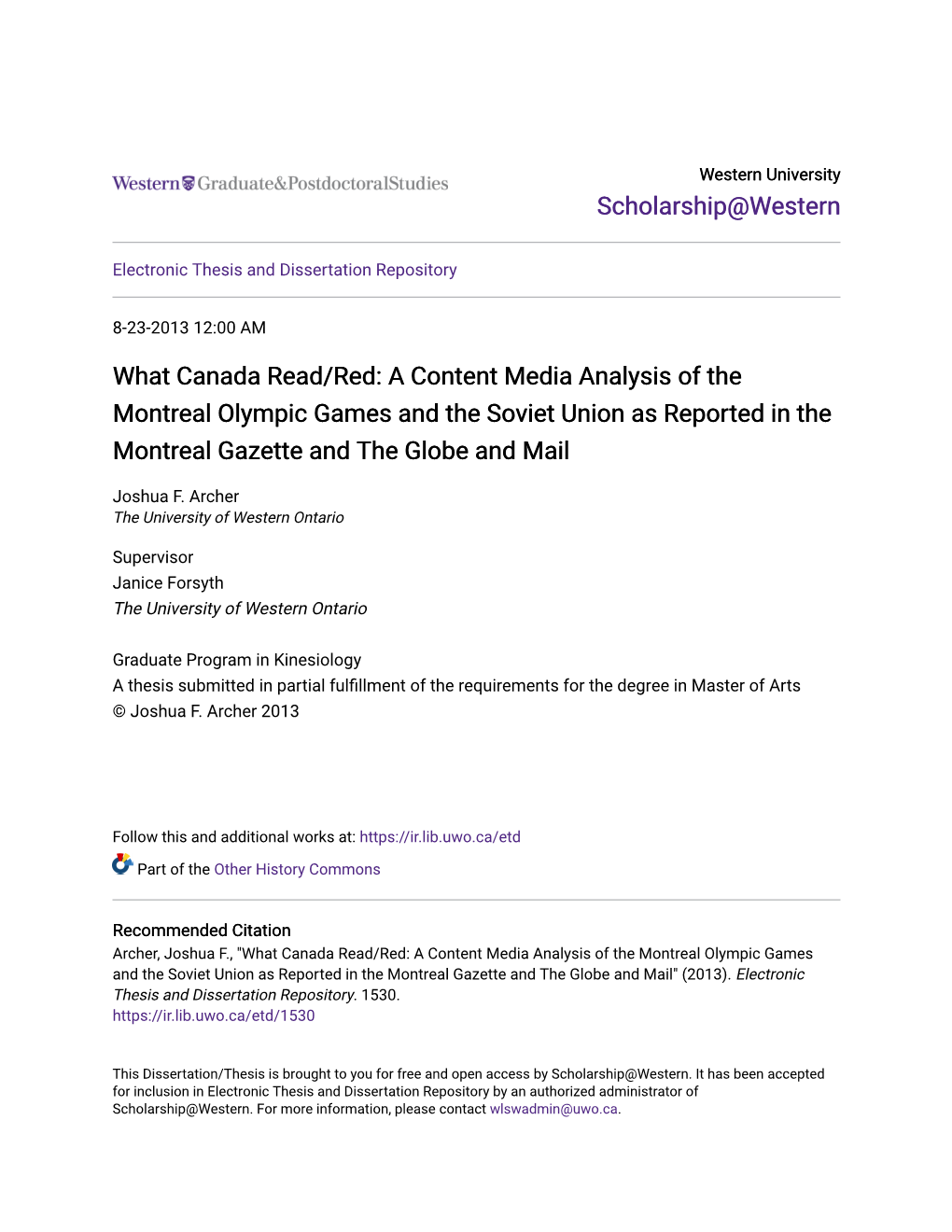 A Content Media Analysis of the Montreal Olympic Games and the Soviet Union As Reported in the Montreal Gazette and the Globe and Mail