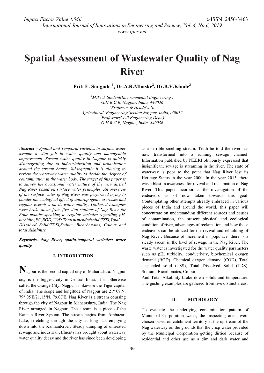 Spatial Assessment of Wastewater Quality of Nag River