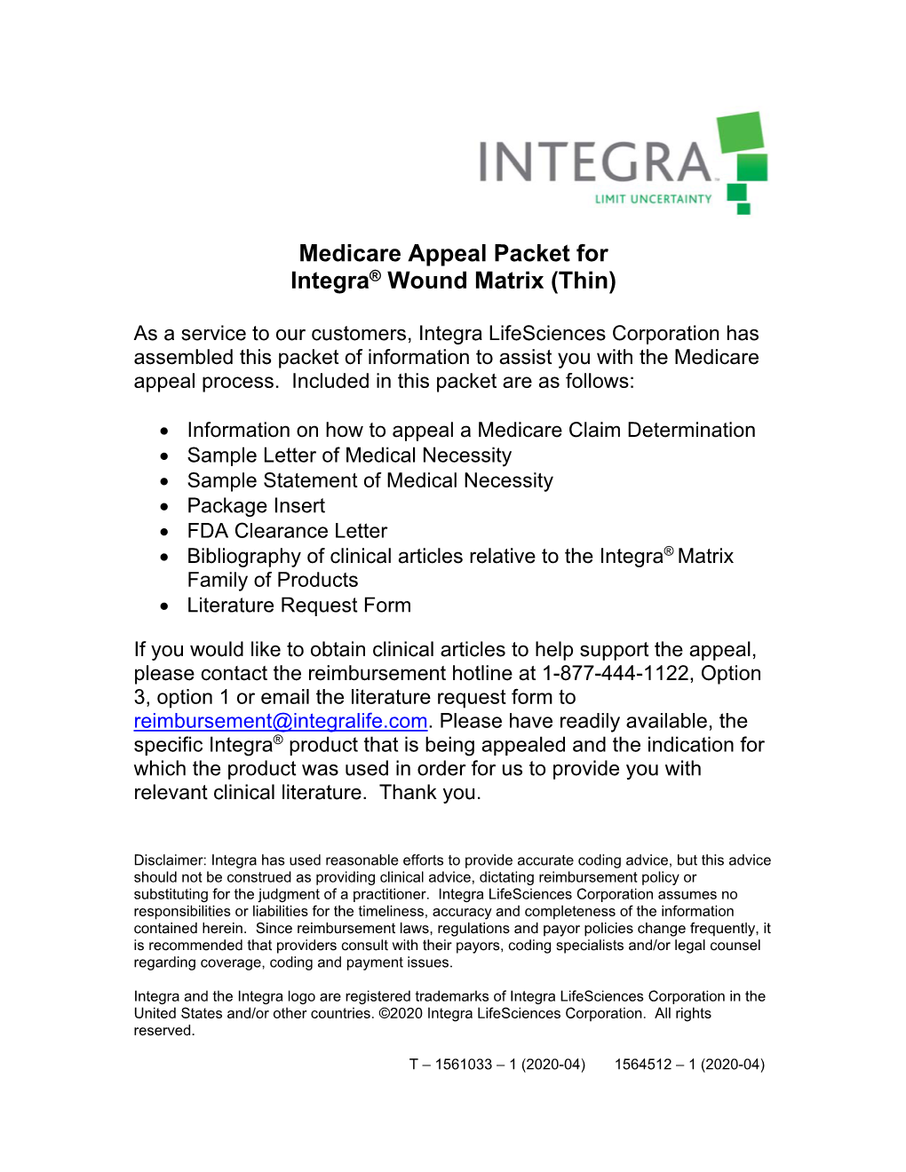 Medicare Appeal Packet for Integra® Wound Matrix (Thin)