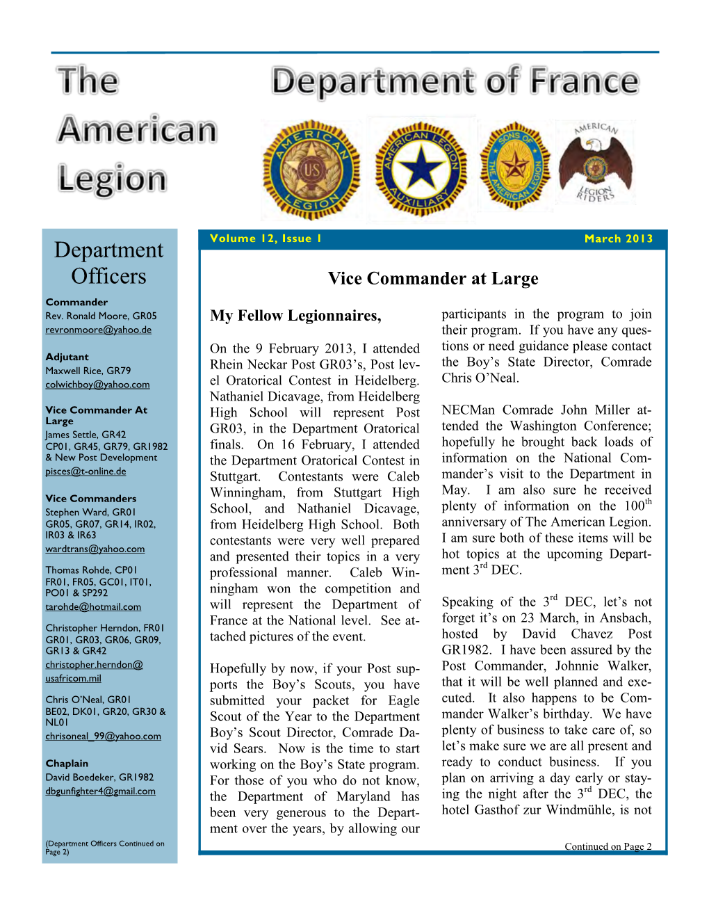 Department Officers Continued on Continued on Page 2 Page 2) (Continued from Page 1) Page 2