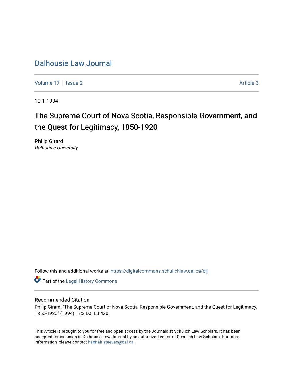 The Supreme Court of Nova Scotia, Responsible Government, and the Quest for Legitimacy, 1850-1920