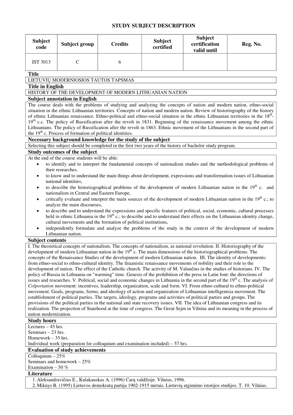 STUDY SUBJECT DESCRIPTION Subject Code Subject Group Credits