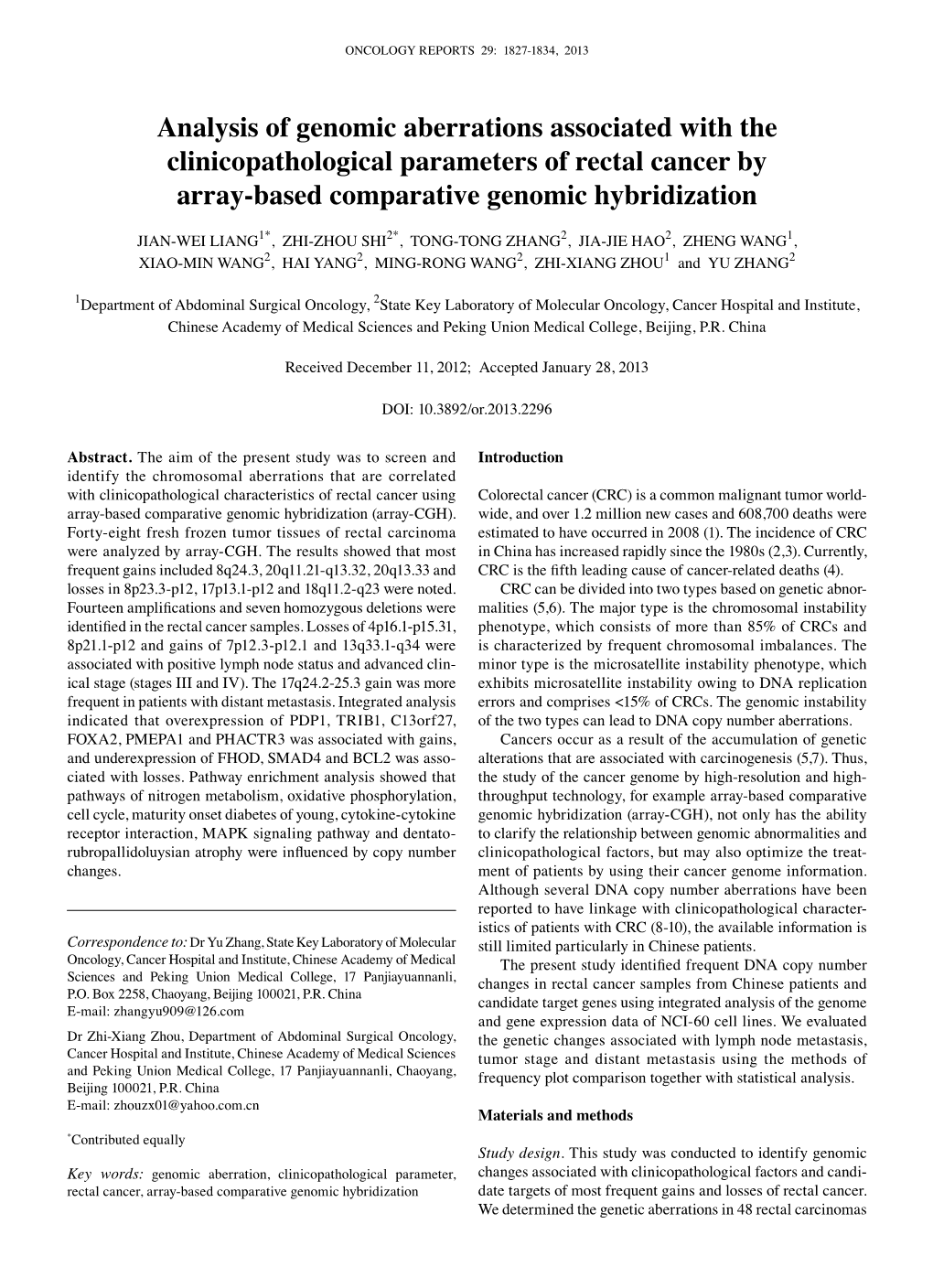 Analysis of Genomic Aberrations Associated with the Clinicopathological Parameters of Rectal Cancer by Array‑Based Comparative Genomic Hybridization