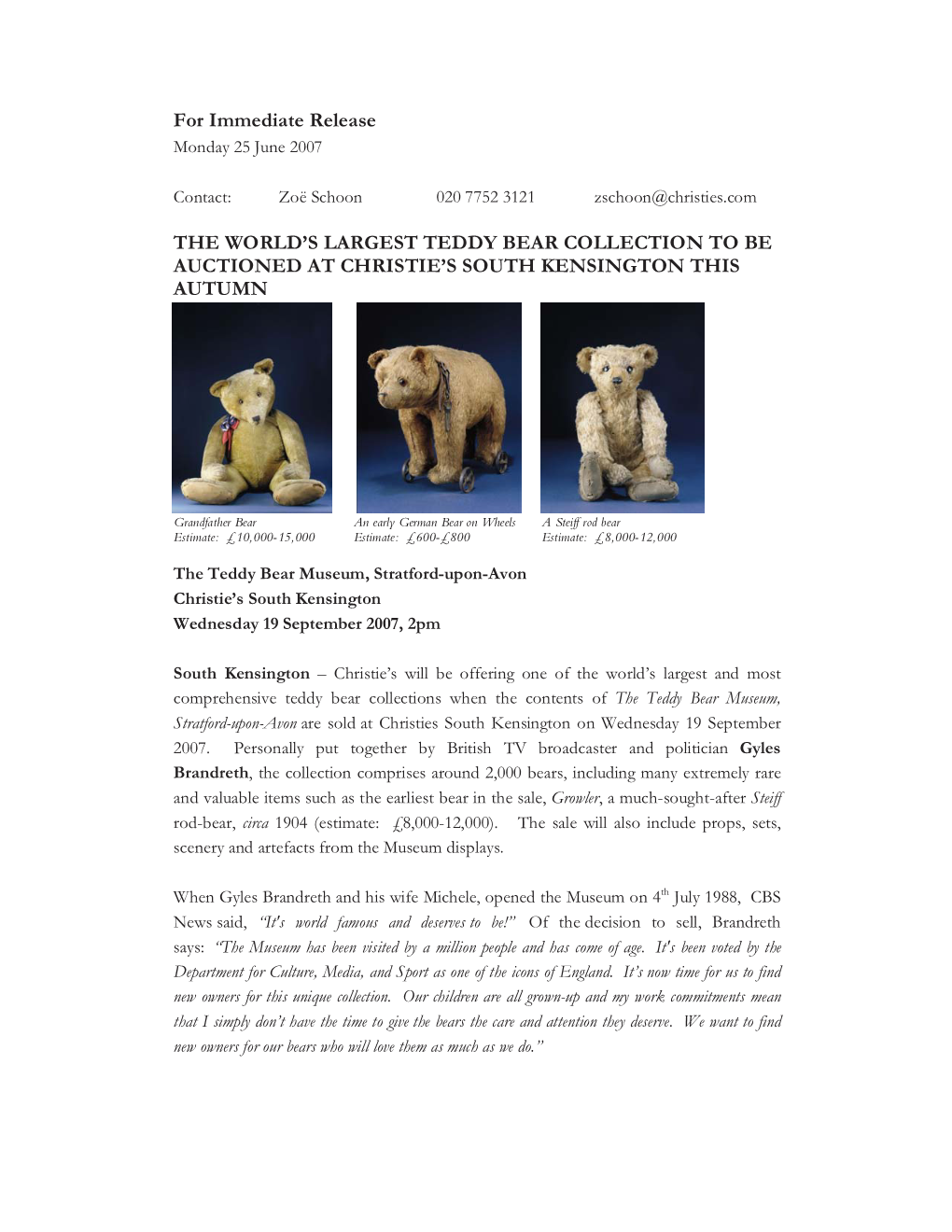 For Immediate Release the WORLD's LARGEST TEDDY BEAR