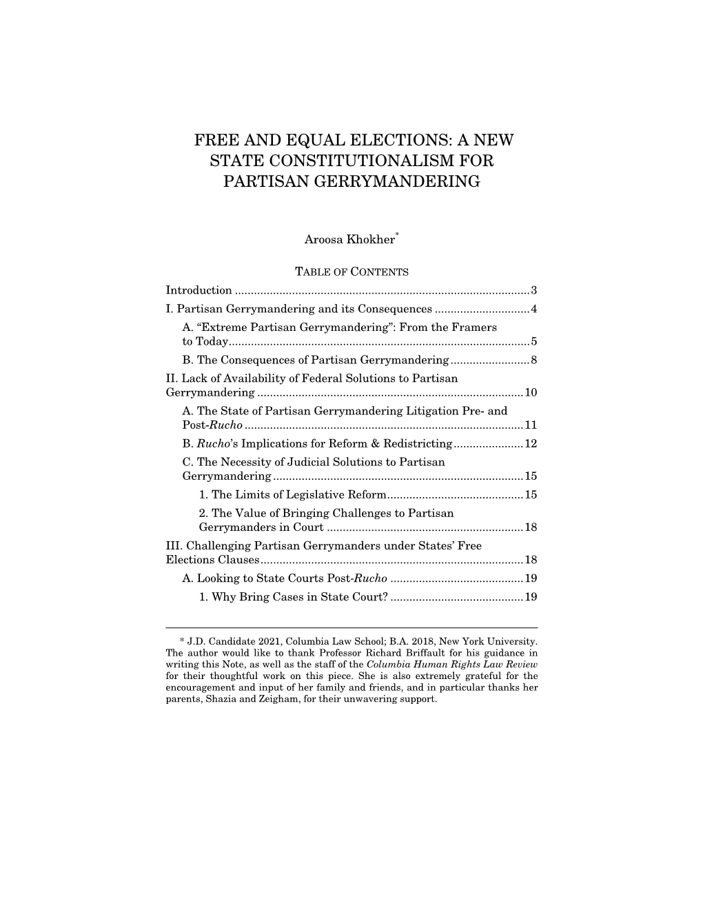 Free and Equal Elections: a New State Constitutionalism for Partisan Gerrymandering