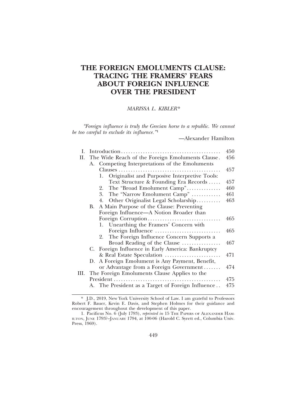 The Foreign Emoluments Clause: Tracing the Framers’ Fears About Foreign Influence Over the President