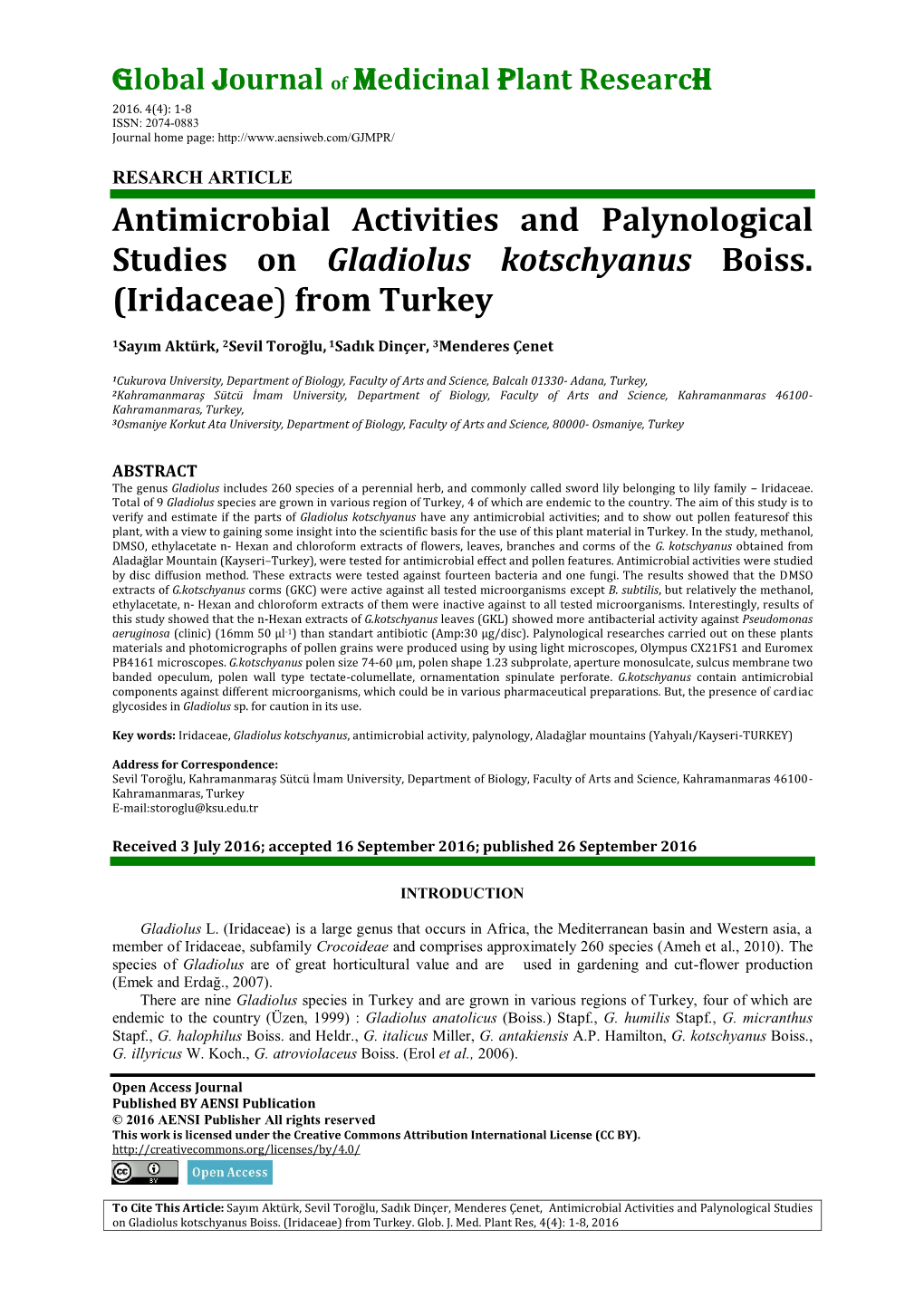 Antimicrobial Activities and Palynological Studies on Gladiolus Kotschyanus Boiss