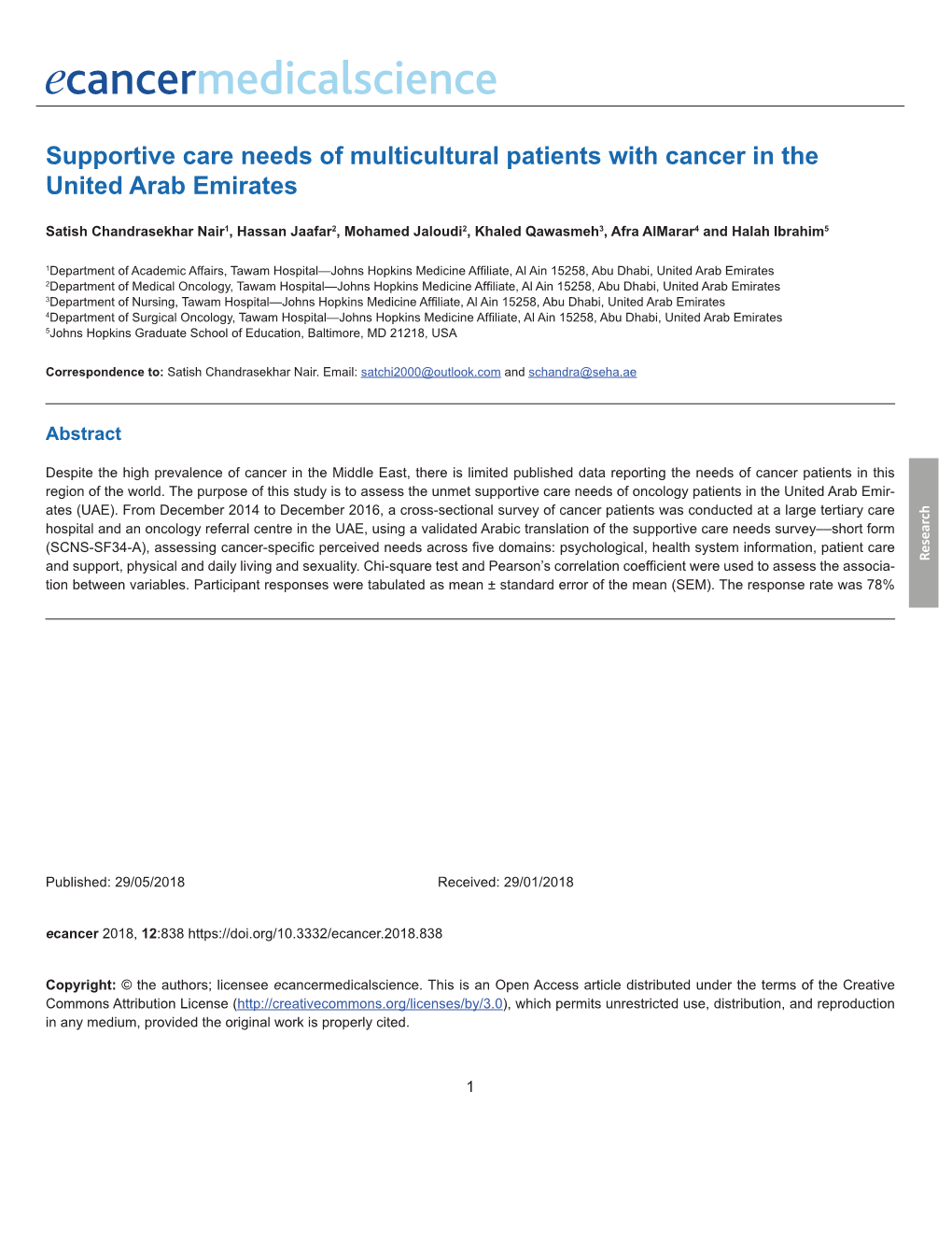 Supportive Care Needs of Multicultural Patients with Cancer in the United Arab Emirates