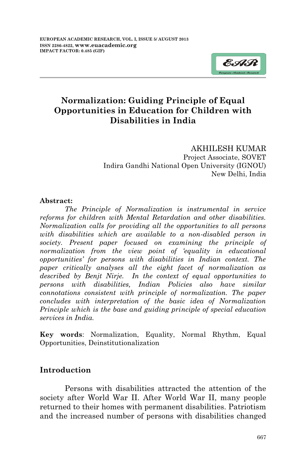 Normalization: Guiding Principle of Equal Opportunities in Education for Children with Disabilities in India