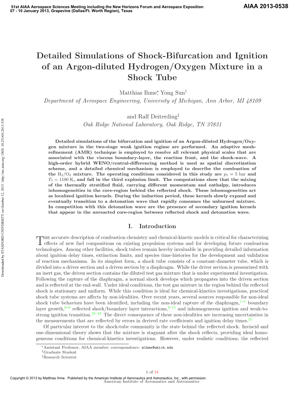 Detailed Simulations of Shock-Bifurcation and Ignition of an Argon-Diluted Hydrogen/Oxygen Mixture in a Shock Tube