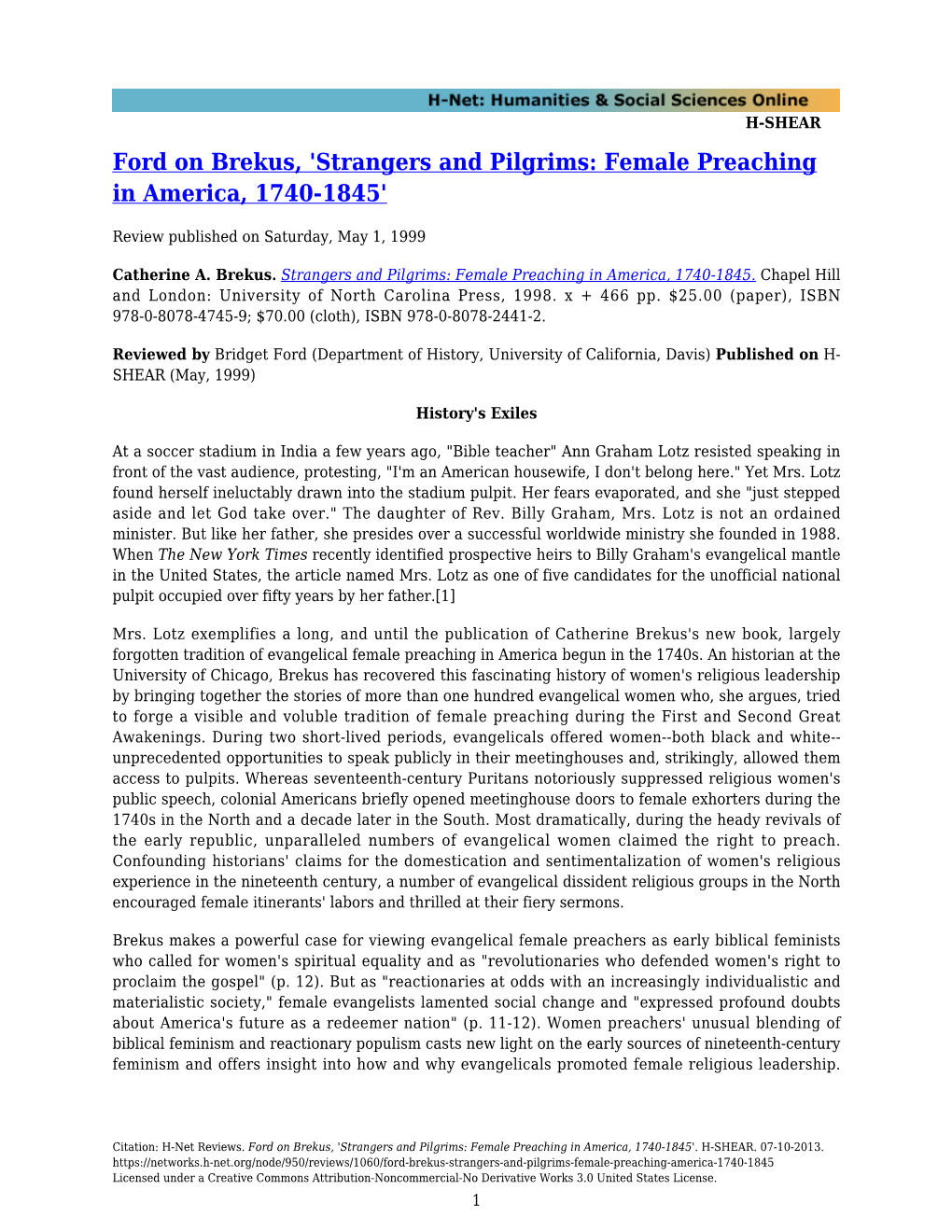 Ford on Brekus, 'Strangers and Pilgrims: Female Preaching in America, 1740-1845'