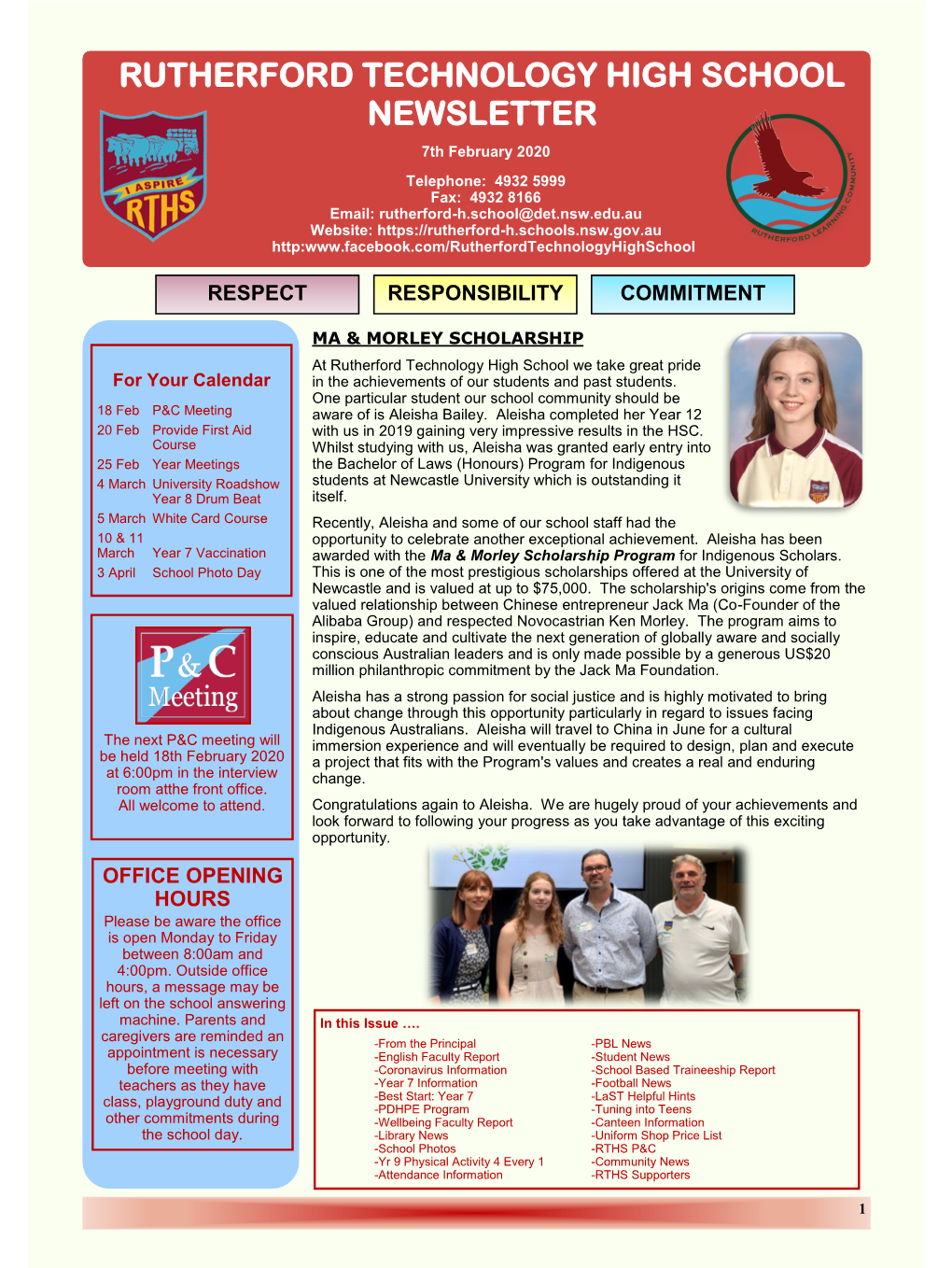 RUTHERFORD TECHNOLOGY HIGH SCHOOL NEWSLETTER 7Th February 2020