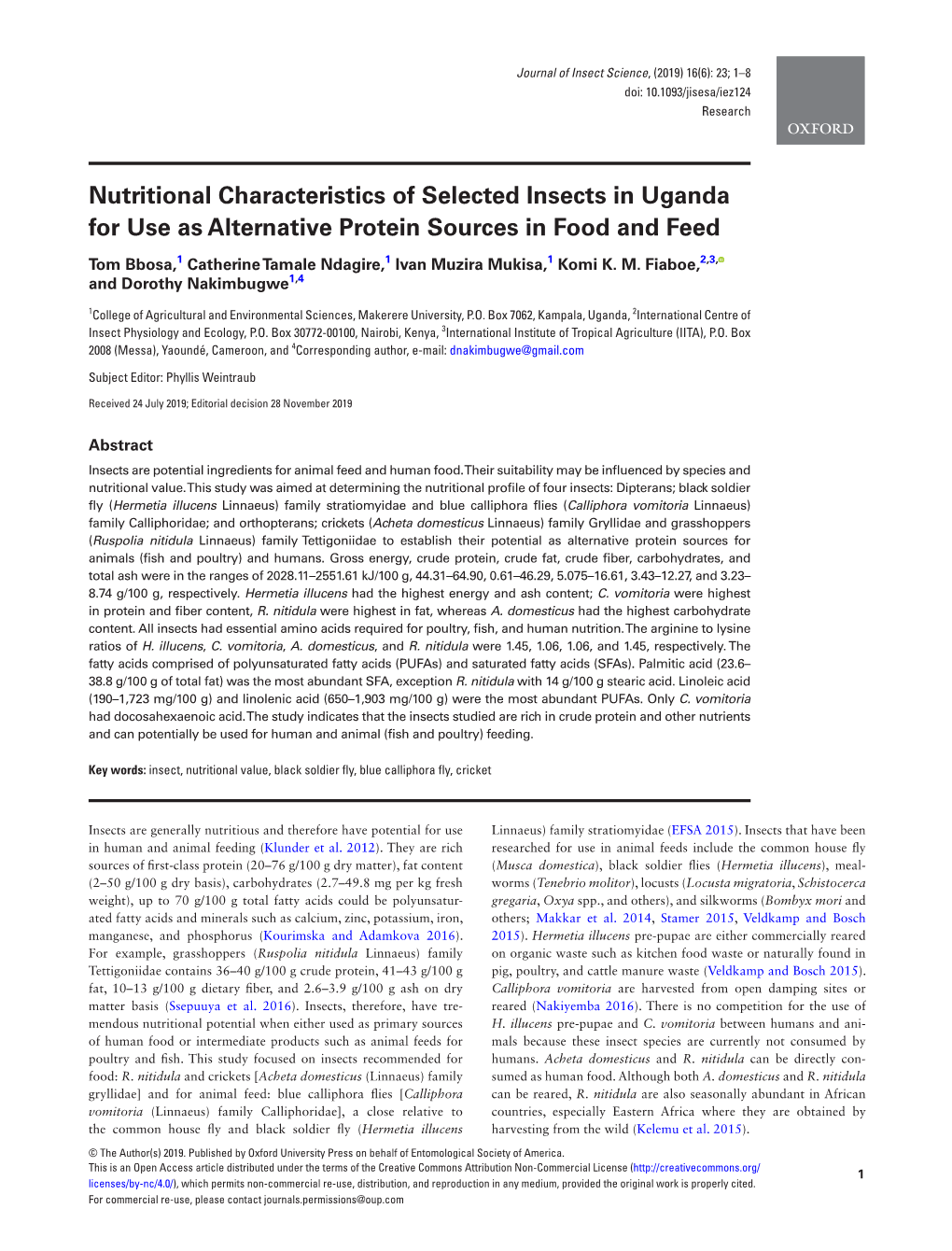 Nutritional Characteristics of Selected Insects in Uganda for Use As Alternative Protein Sources in Food and Feed