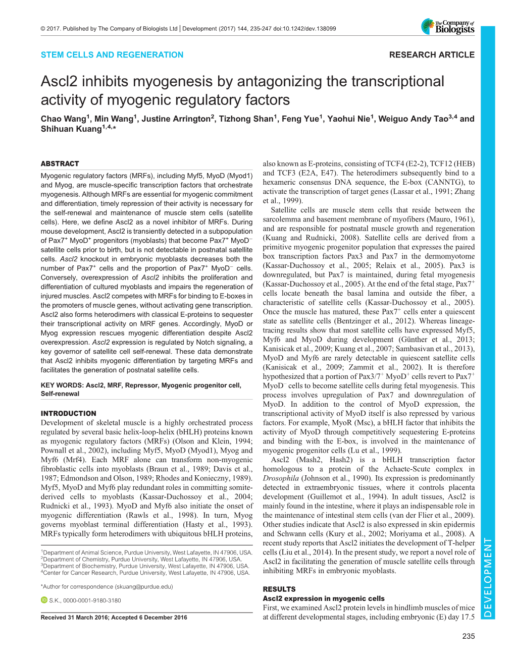 Ascl2 Inhibits Myogenesis by Antagonizing the Transcriptional Activity of Myogenic Regulatory Factors
