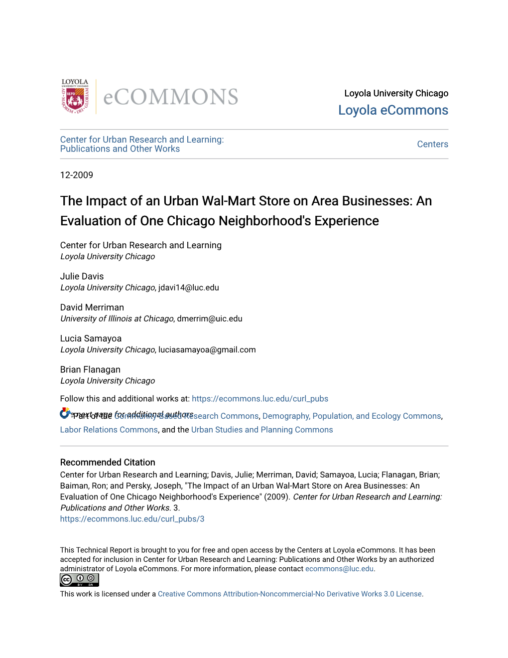 The Impact of an Urban Wal-Mart Store on Area Businesses: an Evaluation of One Chicago Neighborhood's Experience