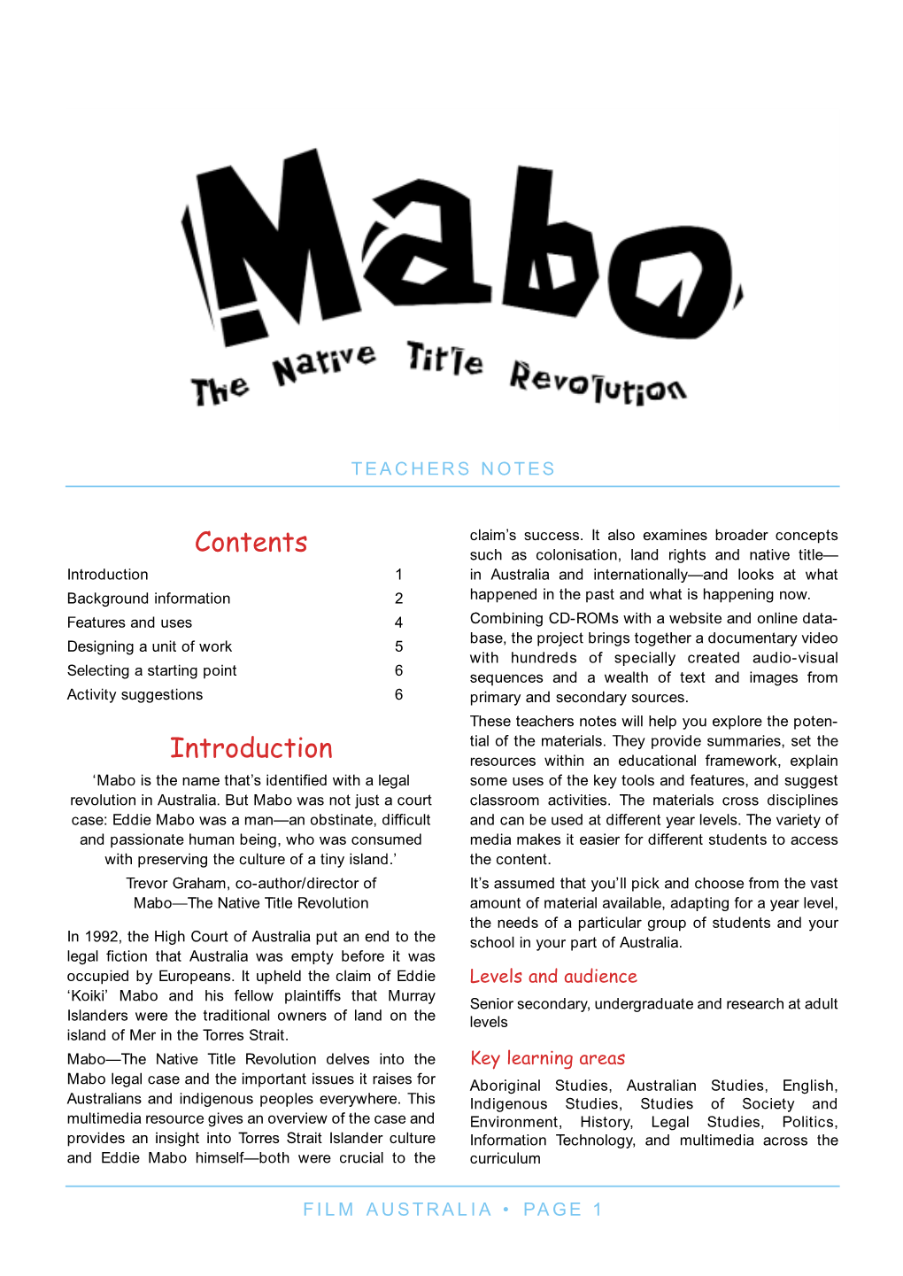 MABO Teachers Notes