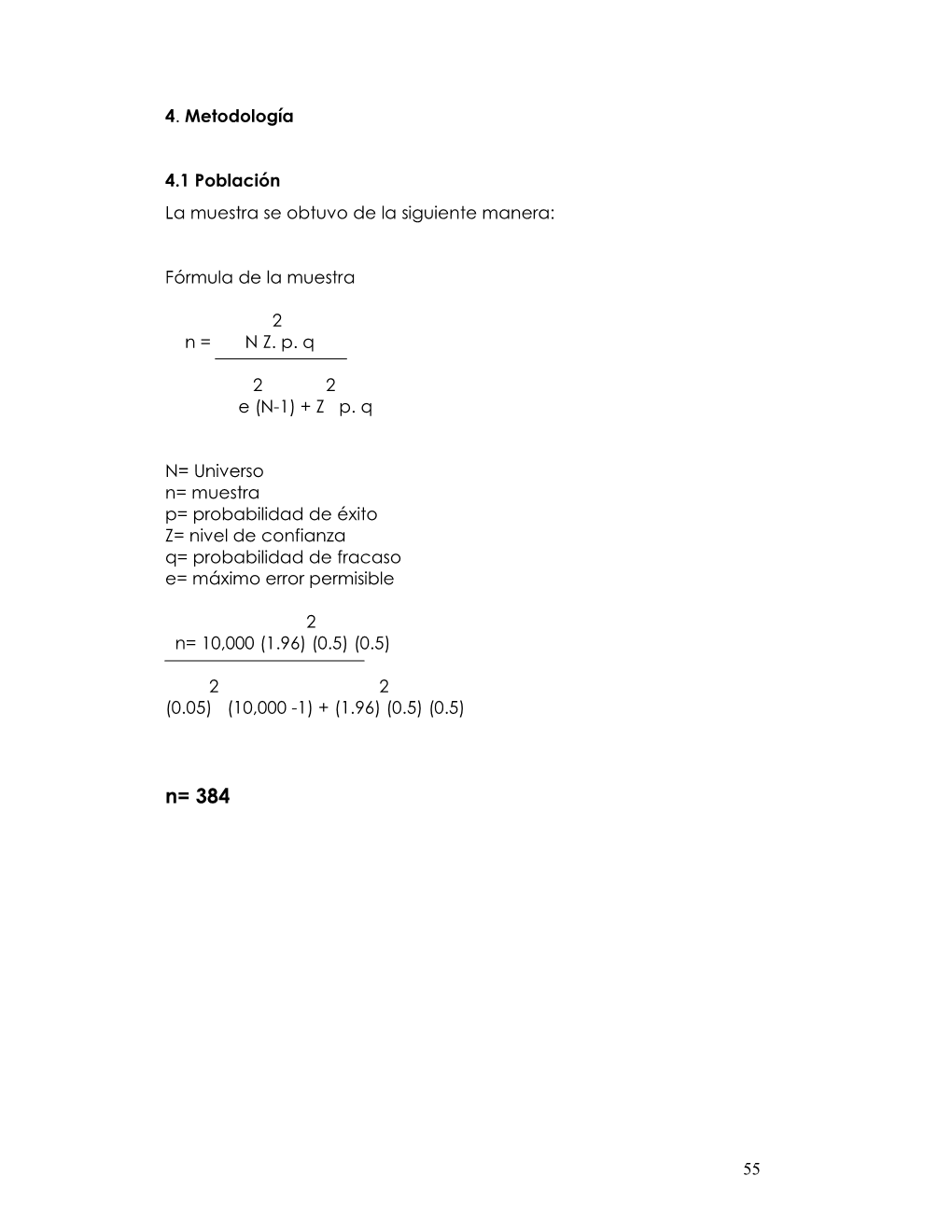 N= Universo N= Muestra P= Probabilidad De Éxito Z= Nivel De Confianza Q= Probabilidad De Fracaso E= Máximo Error Permisible