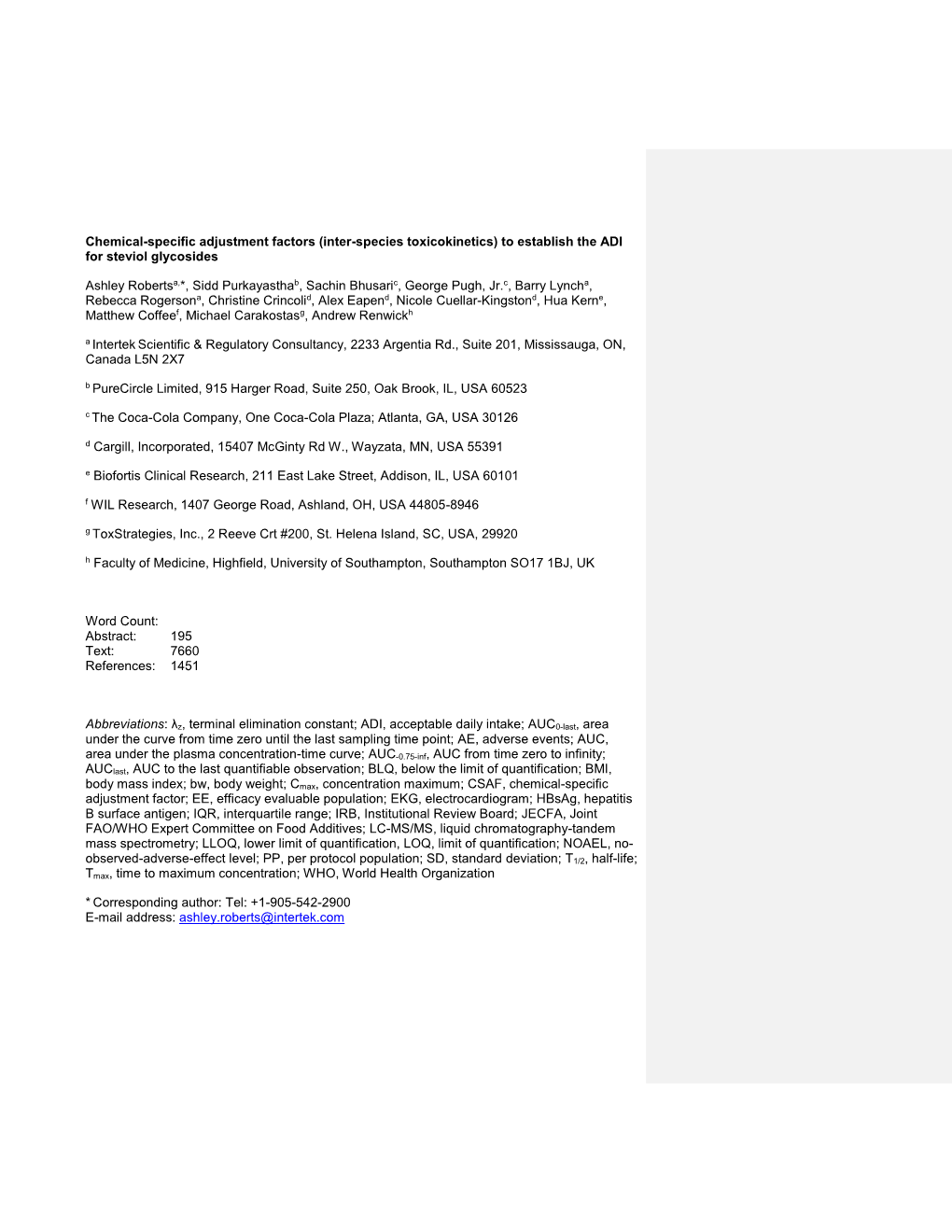 To Establish the ADI for Steviol Glycosides Ashley Robertsa