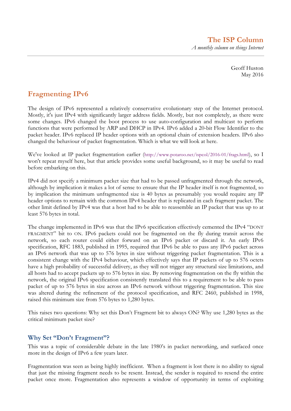 The ISP Column Fragmenting Ipv6