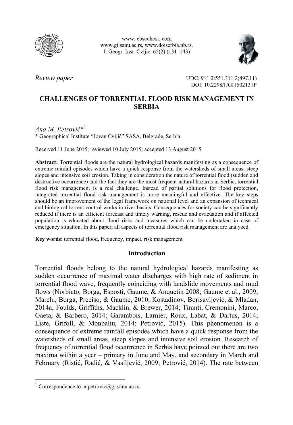 Challenges of Torrential Flood Risk Management in Serbia