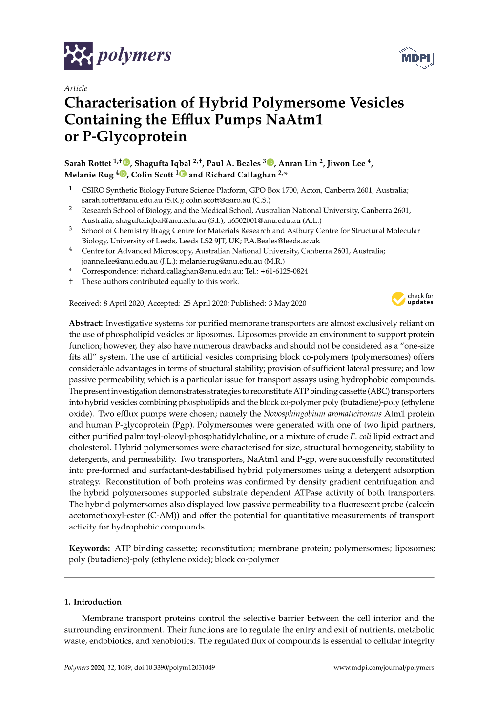 Characterisation of Hybrid Polymersome Vesicles Containing the Eﬄux Pumps Naatm1 Or P-Glycoprotein