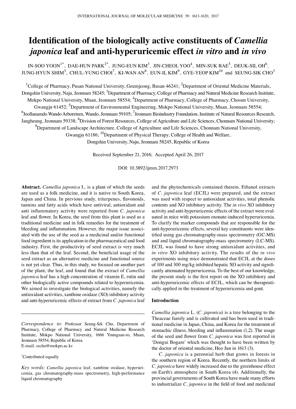 Identification of the Biologically Active Constituents of Camellia Japonica Leaf and Anti-Hyperuricemic Effect in Vitro and in V