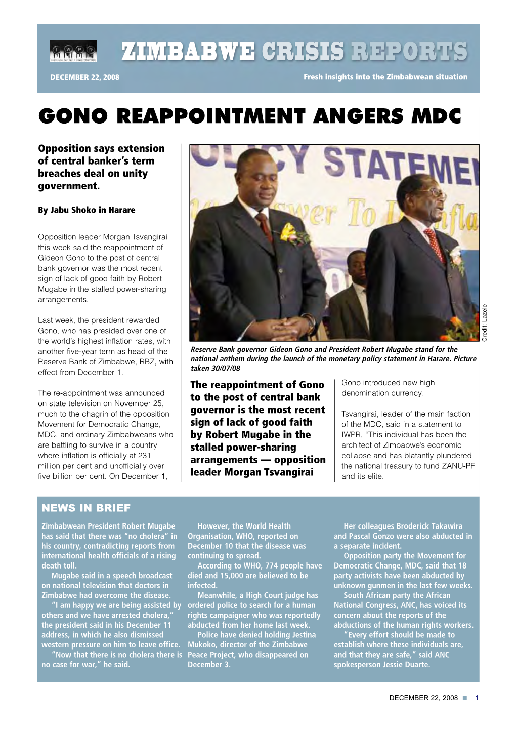Zimbabwe Crisis Reports, Dec 22 08
