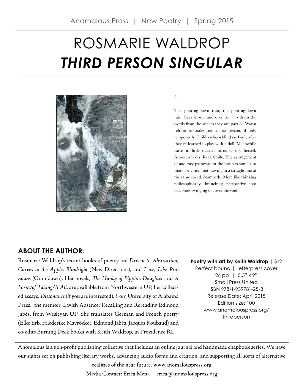 Rosmarie Waldrop Third Person Singular