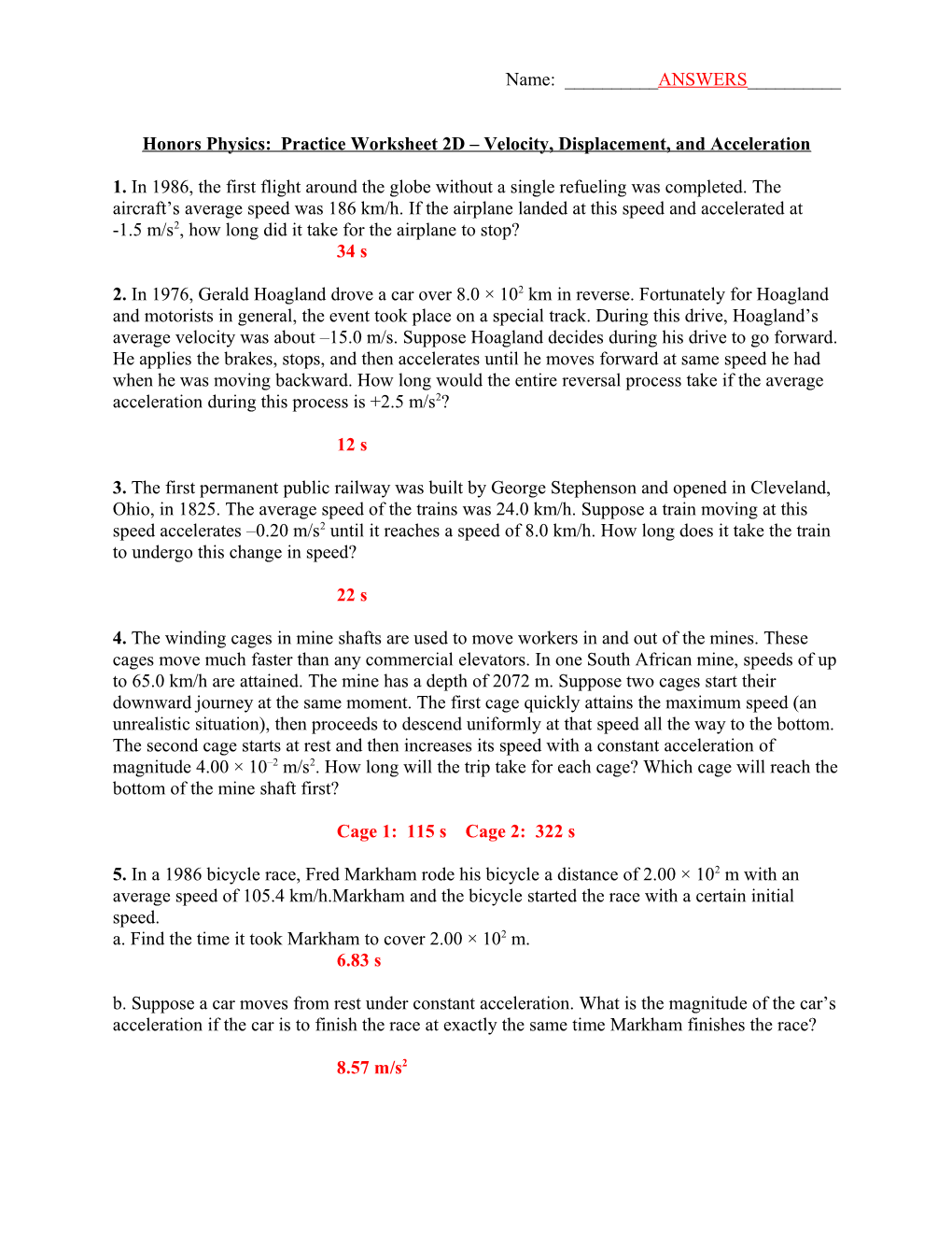 Honors Physics: Practice Worksheet 2D Velocity, Displacement, and Acceleration