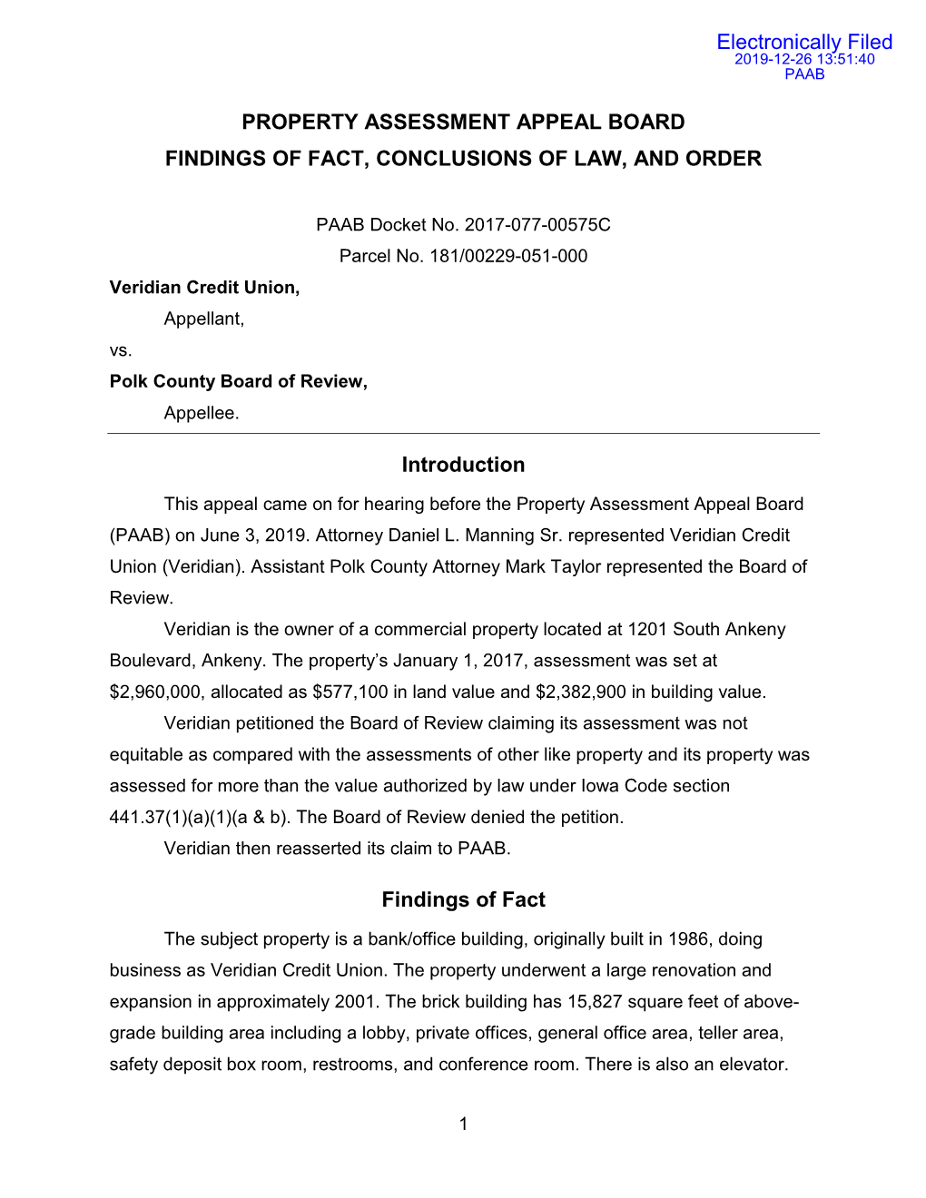 Property Assessment Appeal Board Findings of Fact, Conclusions of Law, and Order