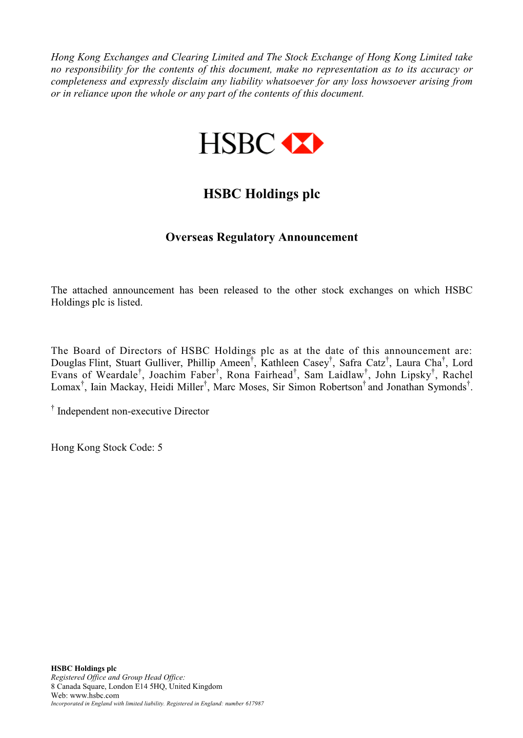 Hang Seng Bank, a 62.14% Indirectly Held Subsidiary of HSBC Holdings Plc