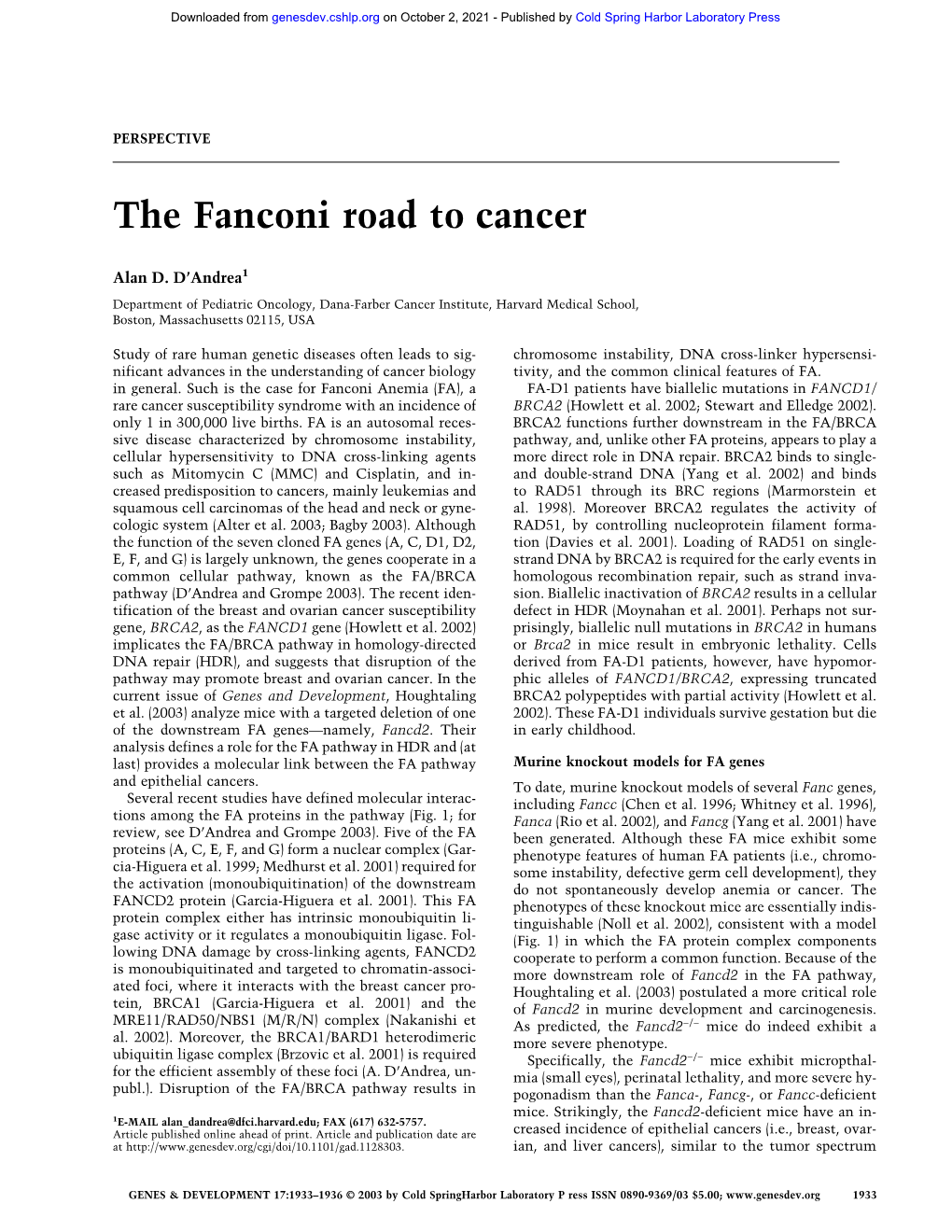 The Fanconi Road to Cancer