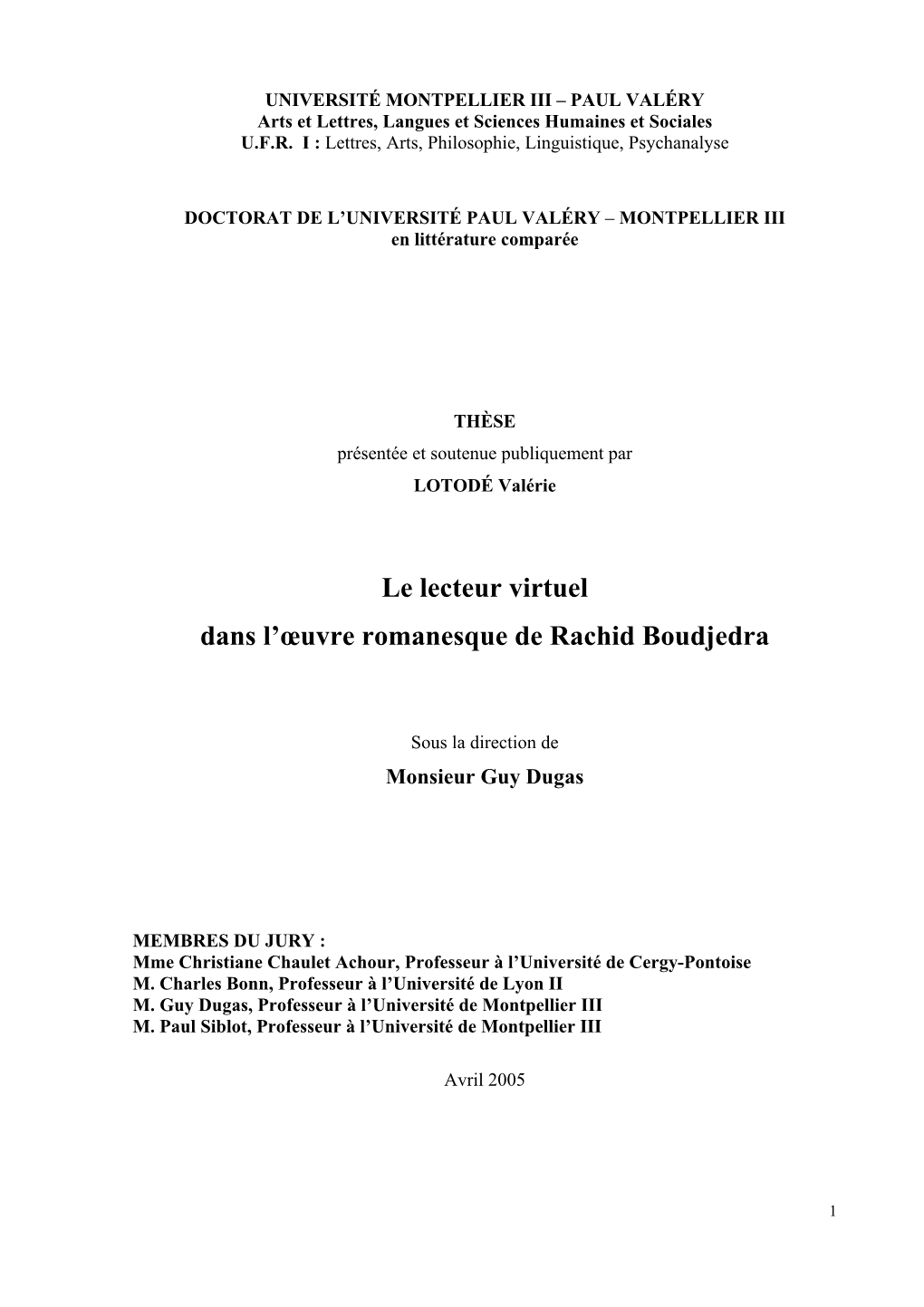 Le Lecteur Virtuel Dans L'œuvre Romanesque De Rachid Boudjedra