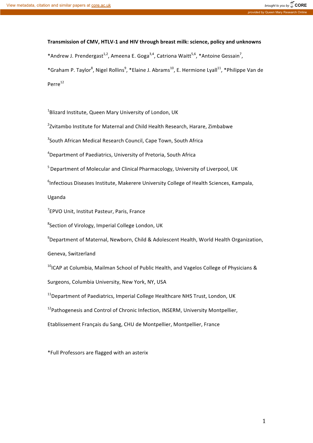 Transmission of CMV, HTLV-‐1 and HIV Through Breast Milk