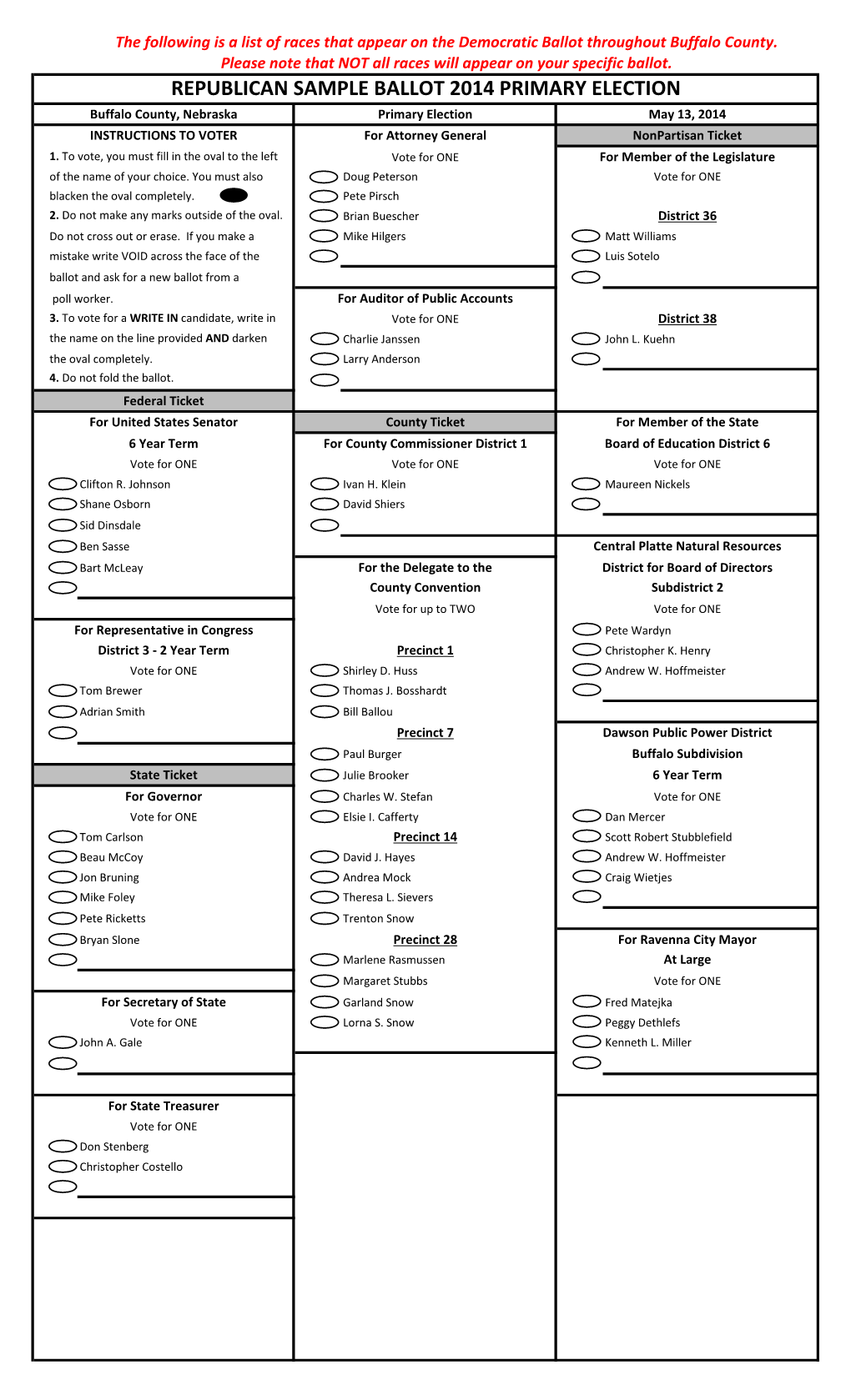 REPUBLICAN SAMPLE BALLOT 2014 PRIMARY ELECTION Buffalo County, Nebraska Primary Election May 13, 2014 INSTRUCTIONS to VOTER for Attorney General Nonpartisan Ticket 1