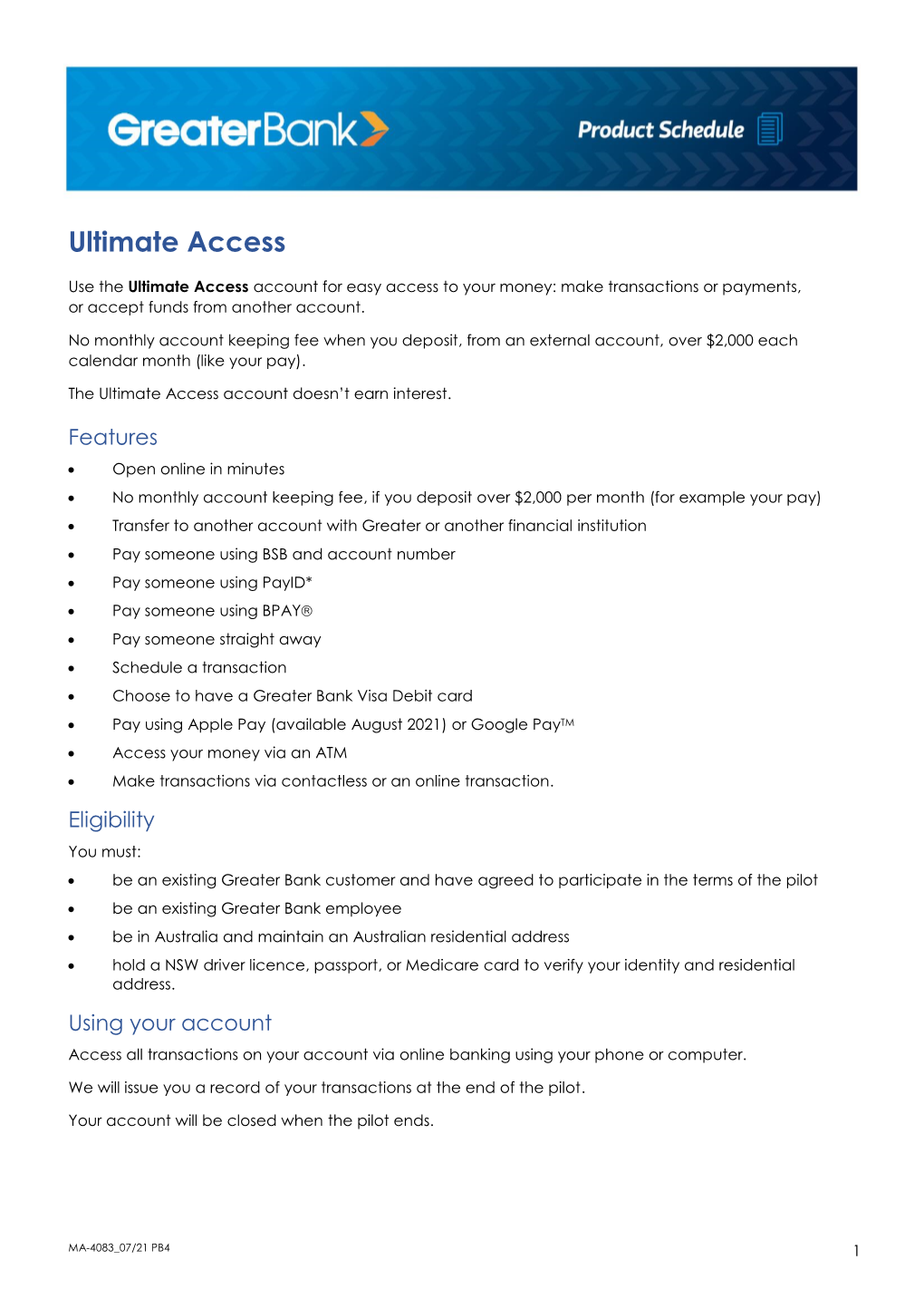 Greater Bank Ultimate Access Product Schedule