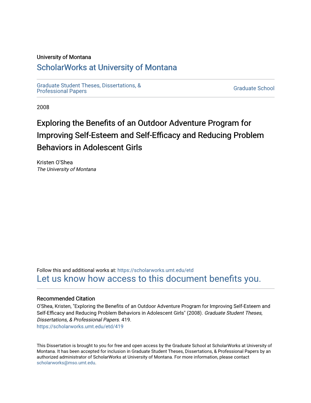 Exploring the Benefits of an Outdoor Adventure Program for Improving Self-Esteem and Self-Efficacy and Reducing Oblempr Behaviors in Adolescent Girls