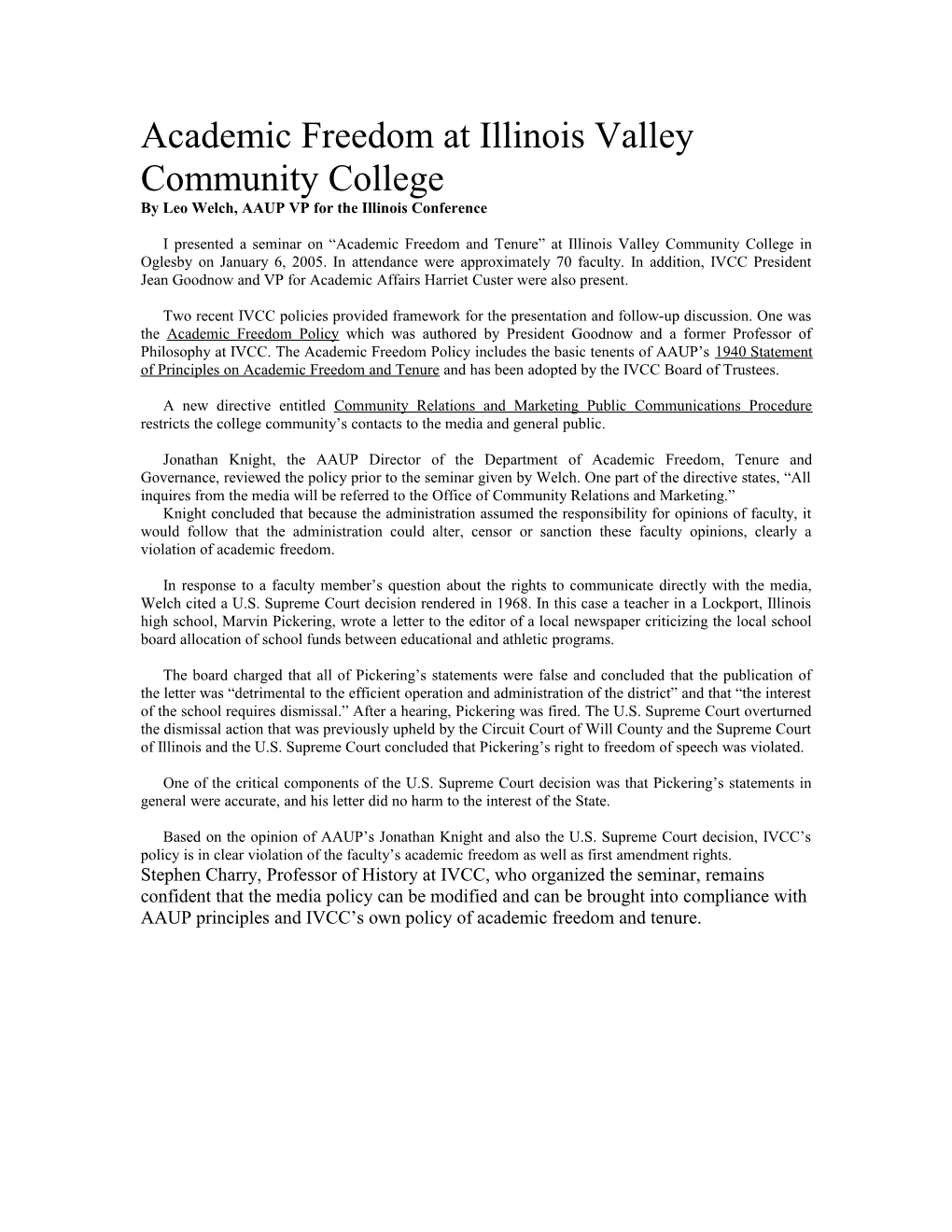 Academic Freedom at Illinois Valley Community College