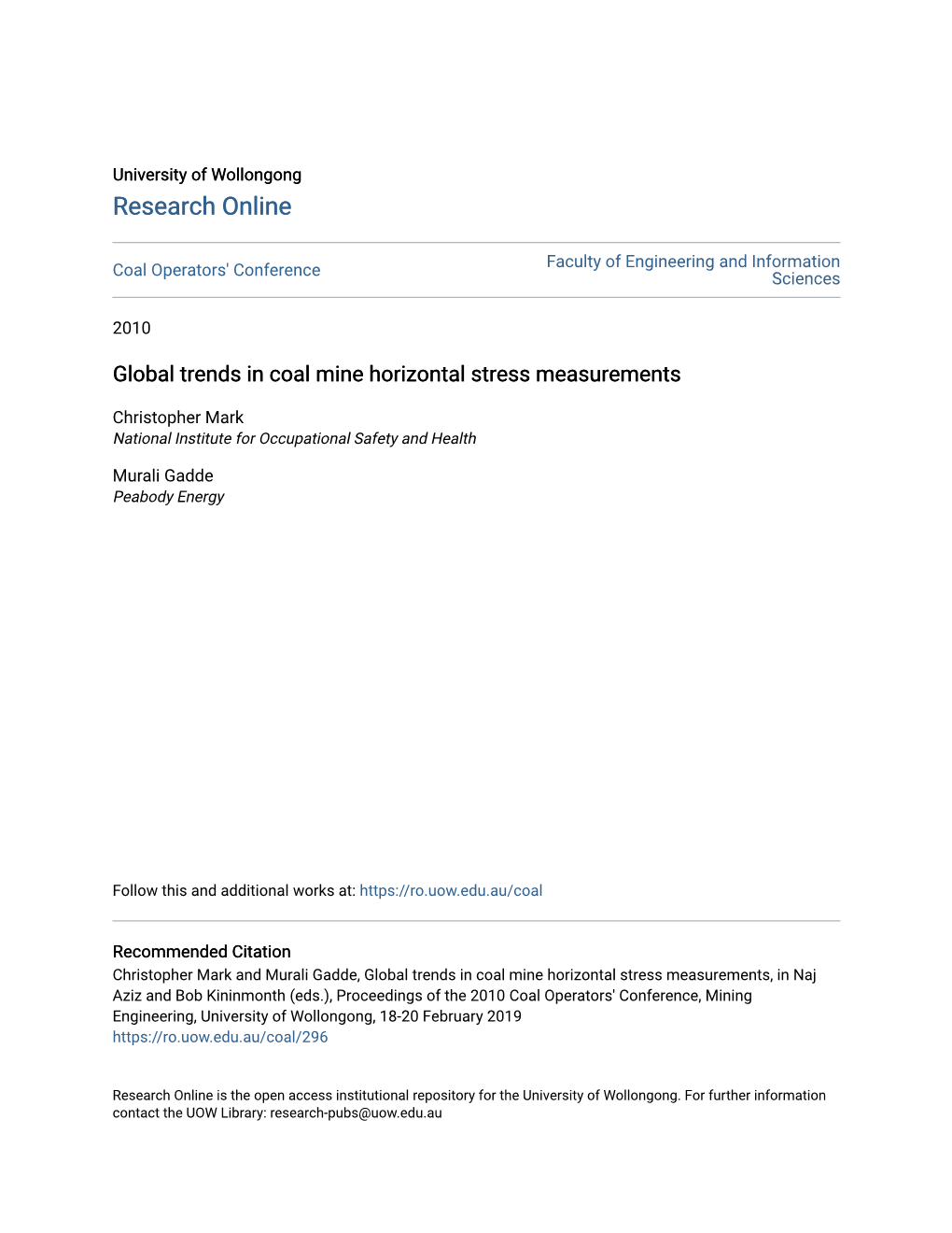 Global Trends in Coal Mine Horizontal Stress Measurements