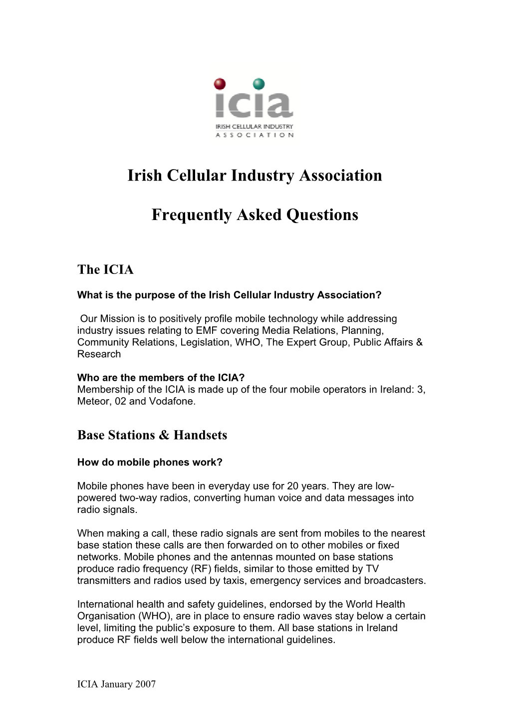 Irish Cellular Industry Association Frequently Asked Questions