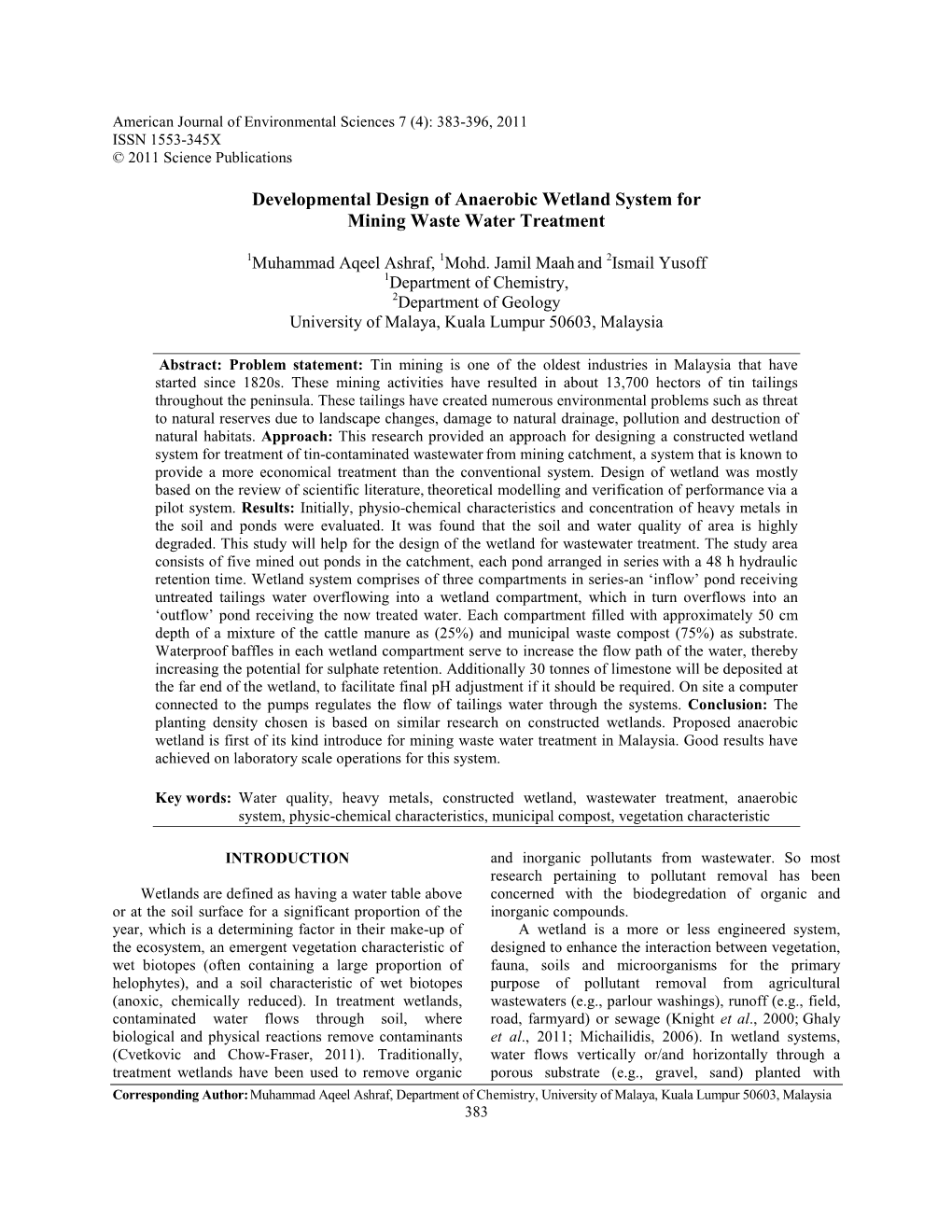 Developmental Design of Anaerobic Wetland System for Mining Waste Water Treatment